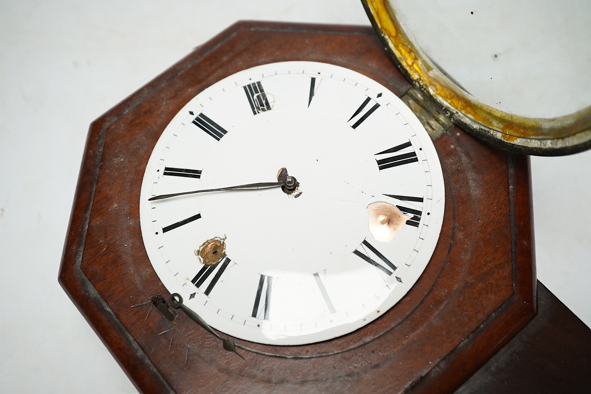 An unusual 19th century miniature drop dial timepiece, English movement signed Edw. Johnson, Liverpool, with pendulum, 25cm. Condition - poor, not tested as working